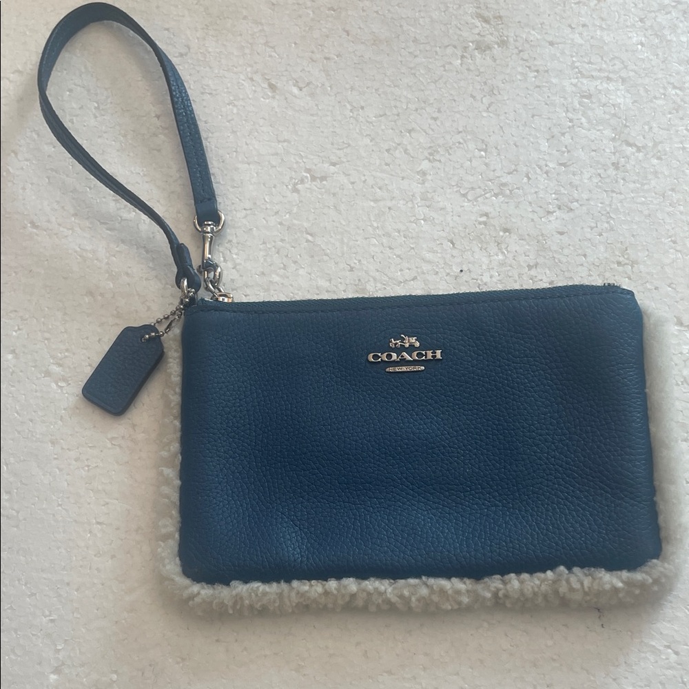 Coach Wristlet Shearling zipper purse pebbled leather clutch blue nwots